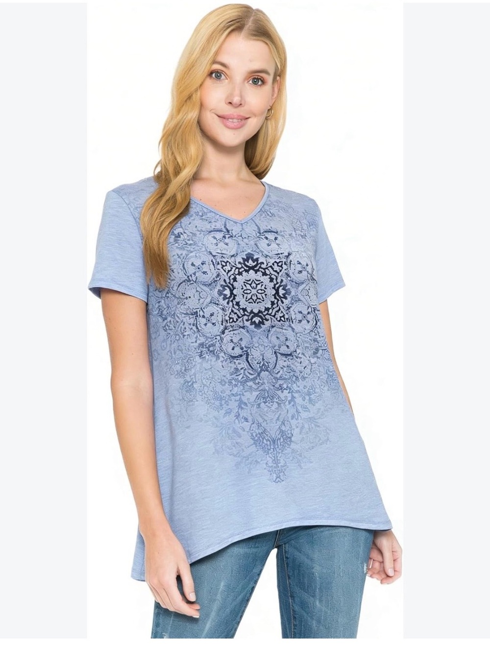 2X - Light Blue Short Sleeve V-Neck Printed Swing Tunic / Top
